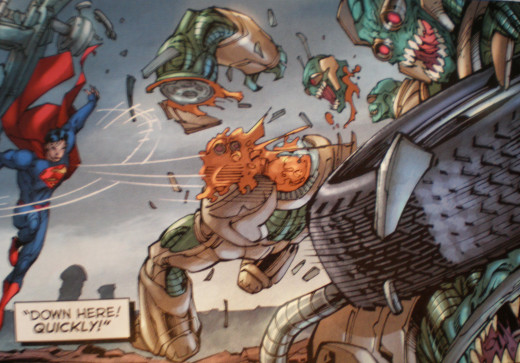 Superman disarms (and decapitates) his foe.