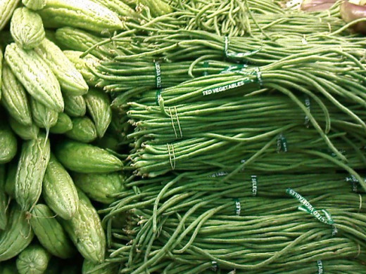 Bitter melons and long beans, which the long beans happens to be on sale, .88/lbs.
