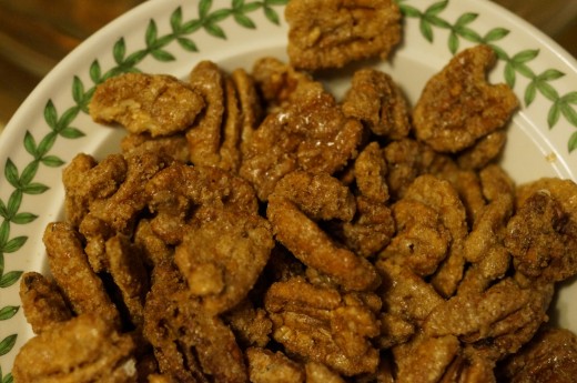 The final results of this recipe.  It looks and tastes as good as any commercial sugared nuts that you can buy - and a lot less expensive.