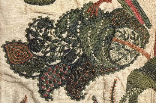 Crewel embroidery leaf from a curtain, circa 1696.