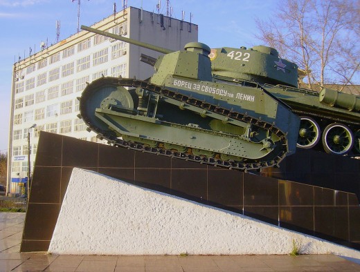 The first Soviet-built tank, an FT named 'Freedom Fighter Lenin', on display with one of its larger descendants.
