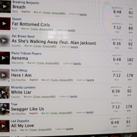 Screenshot of jog.fm playlist choices.