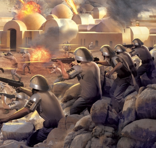 Republican soldiers valiantly attempt to defend the outskirts of Alderaan's capital city.