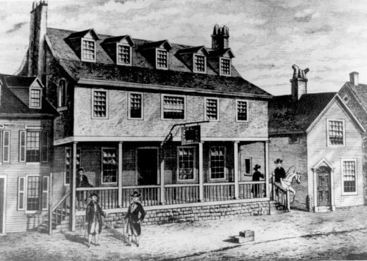 Sketch of Tun Tavern in the Revolutionary War, birthplace of the Continental Marines, from which is descended the USMC.  This is a sketch of the place that the marines used to go to.