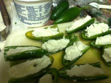 Fill each pepper half with approximately 1-2 tbsp of cream cheese, depending upon the size of the pepper.