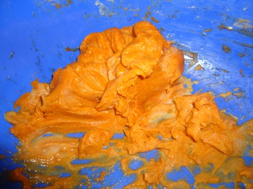 Dough made up of water, oil, gram flour, rice flour, red chilli powder, hing and salt