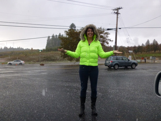 Kristen, Trying to catch the white stuff in her hands