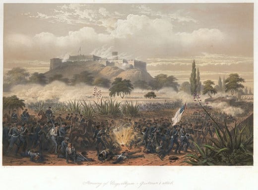 A painting of the Battle of Chapultepec.  