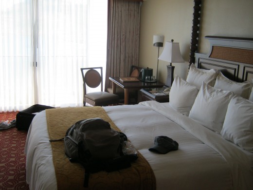 Kauai Marriott Resort.  villa side bedroom. King bed, lanai and nice view.
