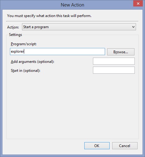 Enter "explorer" in the Program/Script section and then click "OK."