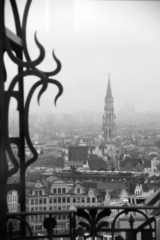 Spire of Brussels City Hall as seen from atop the Old England Building (Brussels)