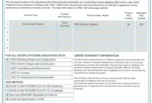 Snapshot of a Low-VOC compliance statement from the manufacture for a sealant product.