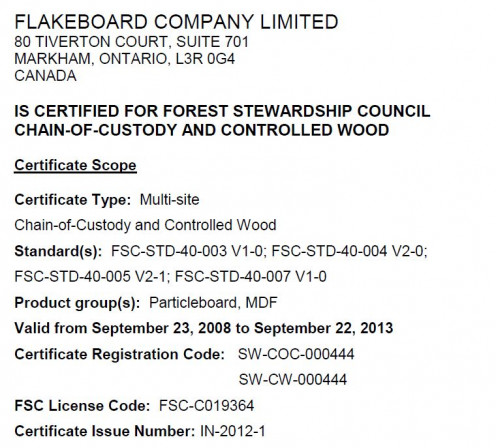 Snapshot of a certification of the "Chain of Custody" of a wood product.