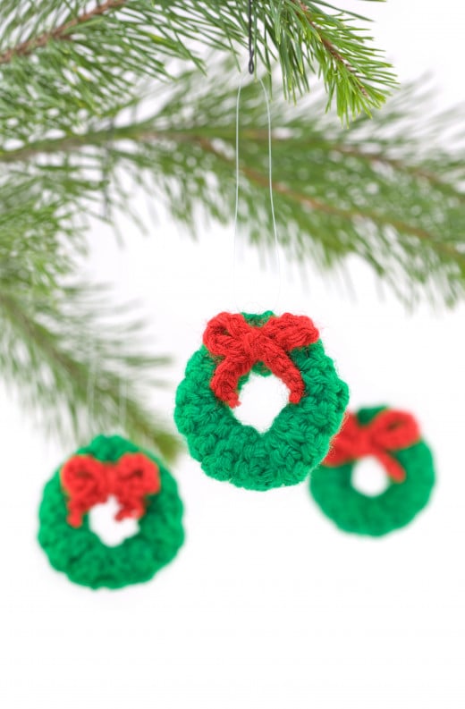 Crocheted Wreath Christmas Decorations by South12th  Crocheted Wreath Christmas Tree Decorations Hanging isolated on White