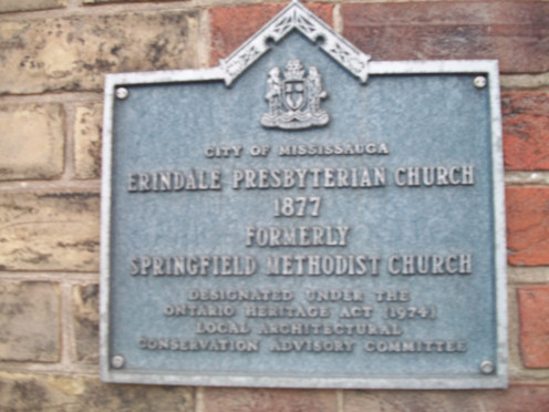 Historical plaque, Erindale Presbyterian Church, formerly Springfield Methodist Church, Mississauga