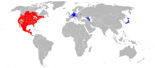 Map shows the worldwide range of the raccoon.
