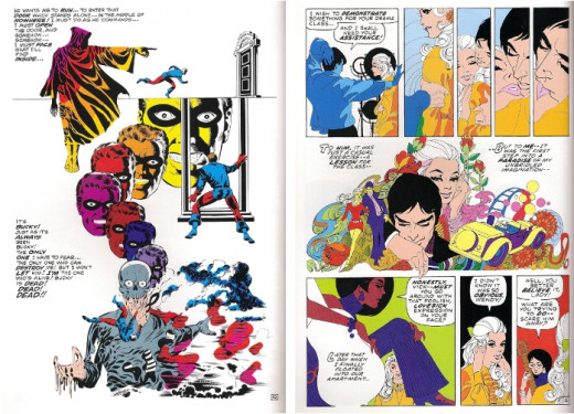 Two pages from Marvel Visionaries: Steranko, including a somewhat macabre Captain America page, and one from Our Love Story #5, which Steranko drew in a groovy, psychedelic style.