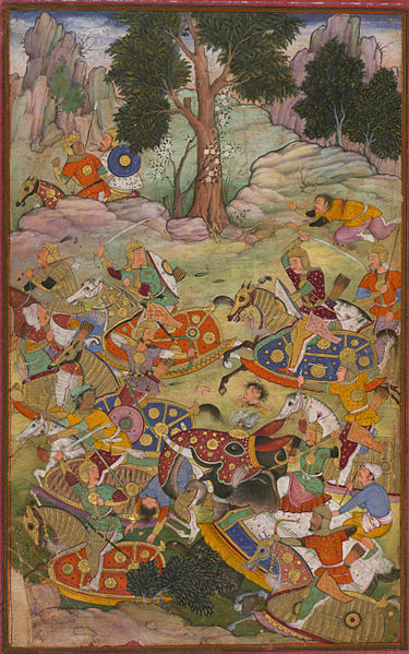 A depiction of the Battle of Panipat which shows the death of Sultan Ibrahim, the last Lodi Sultan of Delhi.
