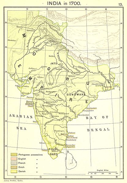 The Mughal Empire at its greatest extent at the beginning of the 18th century.