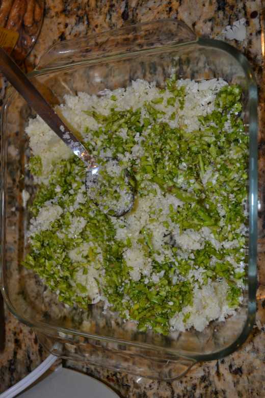 We added 1/2 pound finely chopped asparagus to our chopped cauliflower