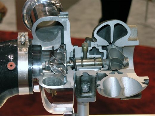A large turbocharger, like this one from Garrett, can forcefeed the WRX more air. 