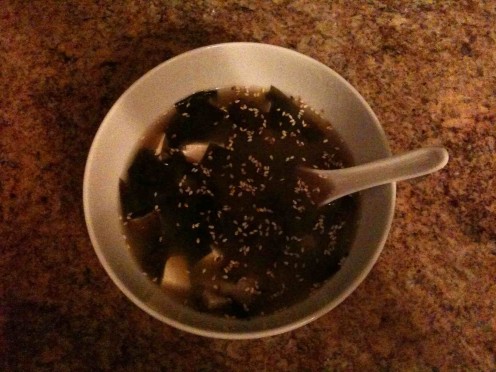 Miso Soup with shitake mushrooms, tofu and roasted sesame seeds