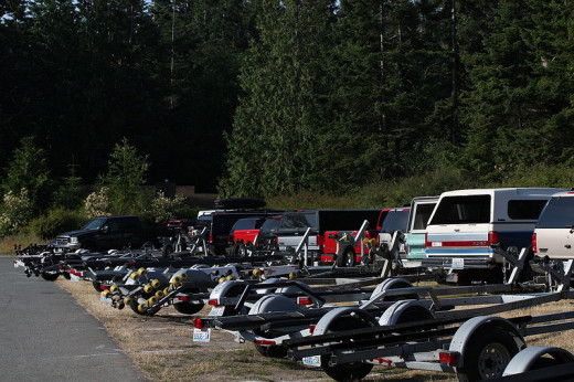 Boat trailers at a lake