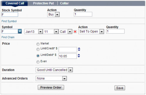 This is the covered call or buy-write screen offered by OptionsXpress.  It allows you to enter the covered call as one trade.  This trade on Ford would return @ 3.5% if called out. 