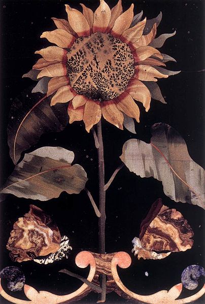 This hard stone inlay mosaic of a Sunflower by an unknown artist is currently in the Museo dell'Opificio delle Pietre Dure, in Florence, Italy.