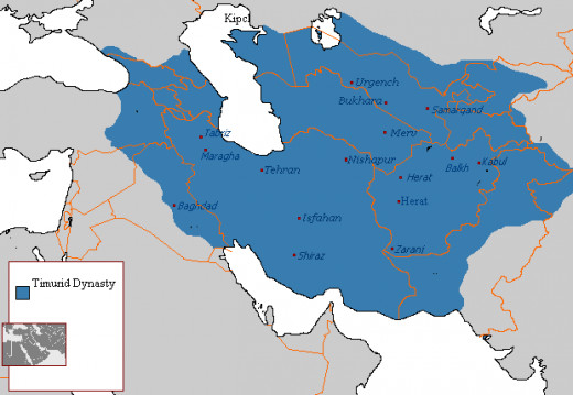 A map showing the area ruled over by the Timurid dynasty.