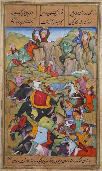Timur Lenk defeating the Sultan of Delhi, Nasir Al-Din Mahmud Tughluq in the winter of 1397/98.