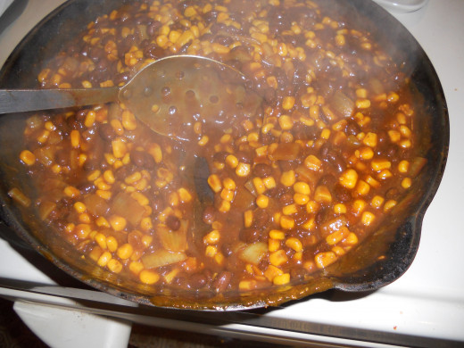 Just right!  The filling is well mixed (and stays that way even if you stop stirring) and when you scrape a clear spot in the pan, it stays clear for a few moments.