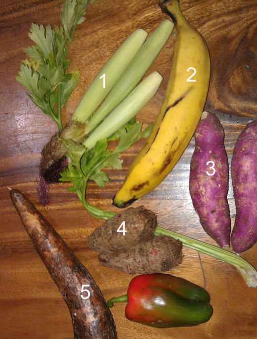 Ingredients in Homemade Vegetable Beef Soup:  1) baby corn (elote), 2) mature plantain (platano maduro), 3) yam (camote), 4) Tiquisque and 5) yucca.  Other common ingredients are chayote and ayote (winter squash).