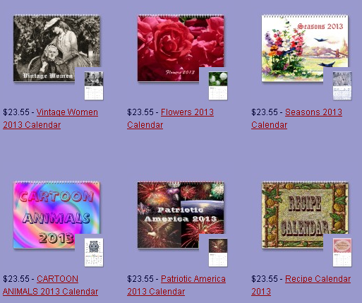 Beautiful firework scenes, colorful flowers, black and white drawings of Victorian women, recipes and more. Click on source link for custom calendars.