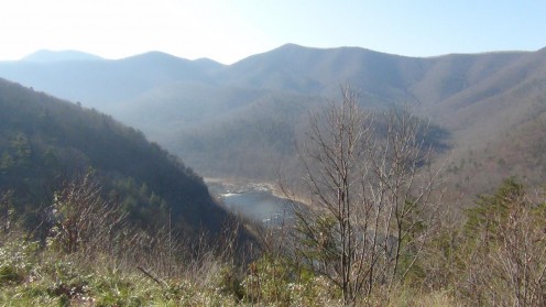 A mountain lake as seen from a Parkway overlook.