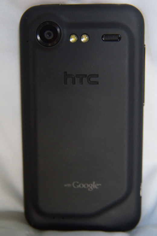 The back of the HTC Droid Incredible 2, showing the camera lens and its 2 LEDs for the flash.  The two LEDs make for a good flashlight with the included flashlight application.