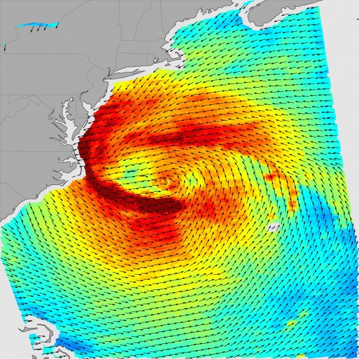 False color image of Superstorm Sandy; windfield show by vector arrows.  Image courtesy NASA.