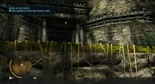 Far Cry 3 lower the ledge and find the solution to get into the treasure room.