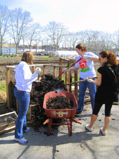 Women loading compost into a wheelbarrow and making a difference to save the environment. 