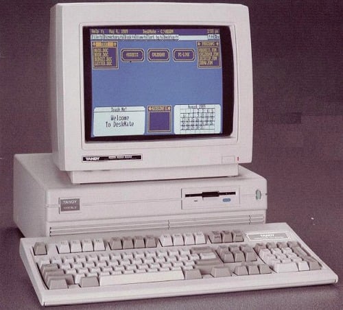 The infamous Tandy 1000, the computer I used to write my first novel. Mine had dual floppies and a whopping 128K memory.