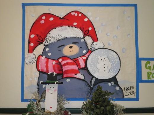 A cute Anime Manga bear character dressed up for the holidays. Wonder if he's mad or just tired because he's got small eyes?