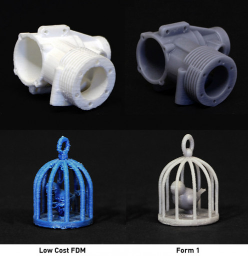 Form 1 3-D Printer can print objects with a resolution four times higher than professional FDM 3-D printers.