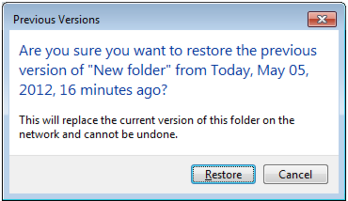 Warning received when restoring an entire folder from a Previous Version.
