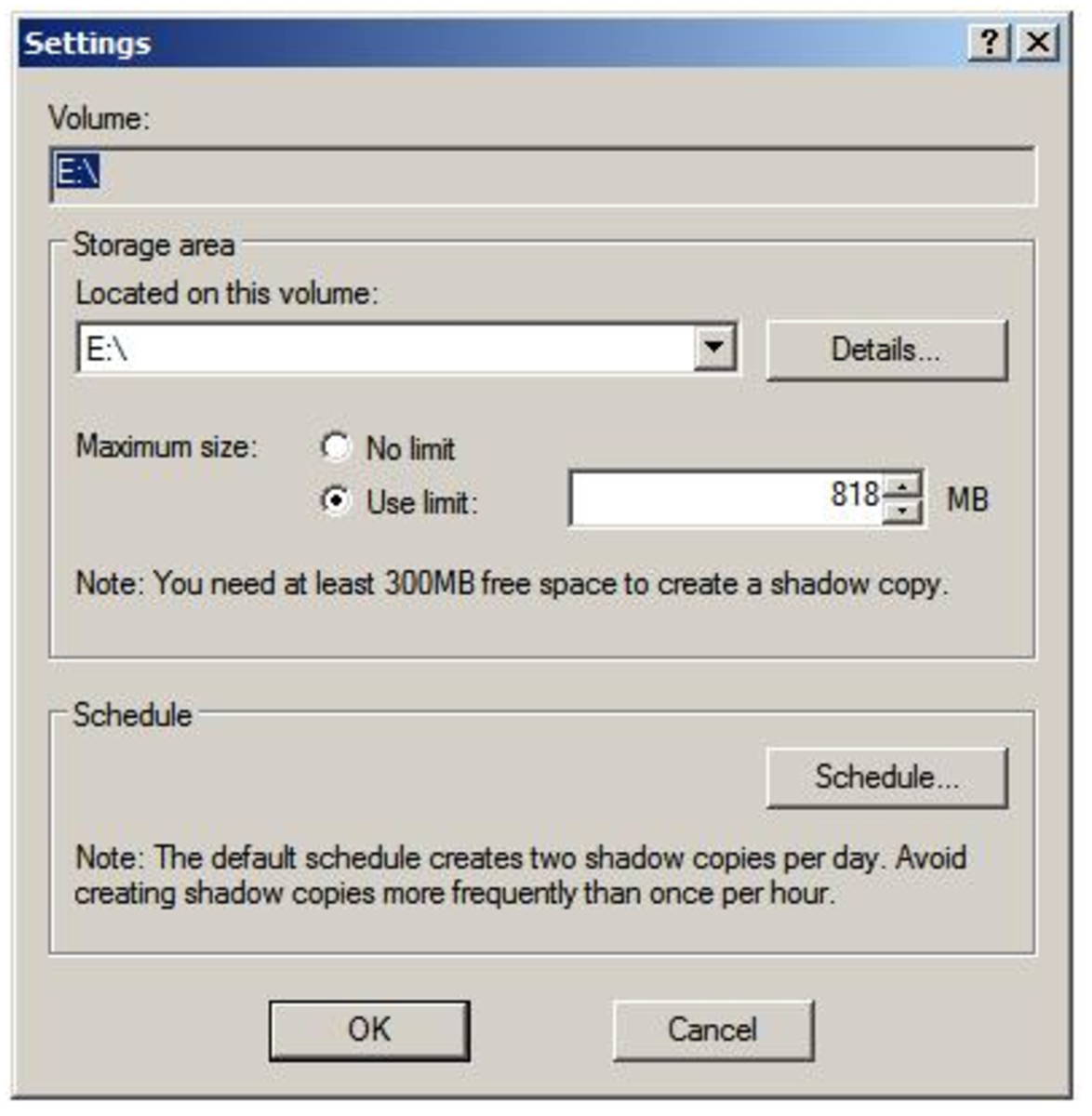Configuring Shadow Copy, illustration of Settings tab.