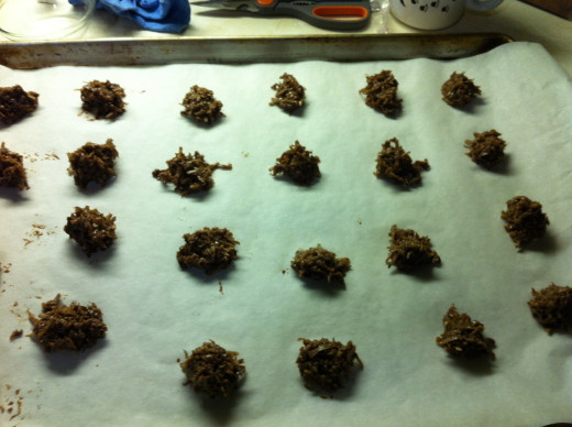 Drop by the teaspoonfuls onto a greased or parchment paper lined cookie sheet. Pop into the oven for eight minutes.