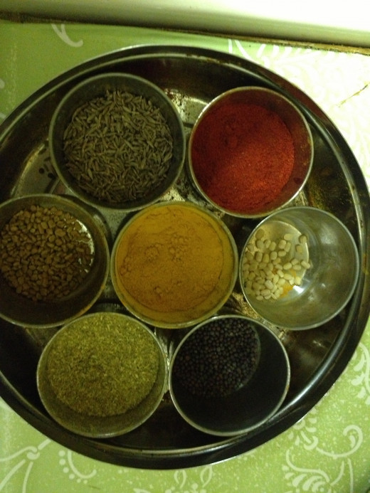 Indian Spices: Mustard, cumin seeds, Chilli, Coriander and Turmeric Powder