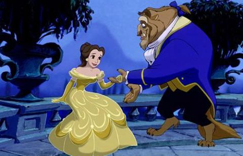 Belle and Beast from the Disney animated adventure "Beauty and the Beast".  The film was re-released as a 3-D variant in January, 2012.