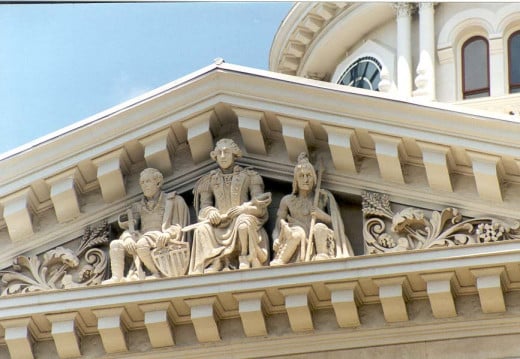 The south side of the Tippecanoe County Courthouse features Gorge Rogers Clark, George Washington & Tecumseh