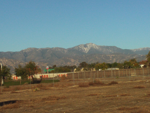 View of the San Bernardino Mountains in the distance.