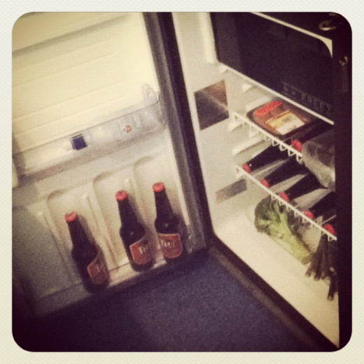 Our campervan fridge stocked with beers, meat and vegetables.